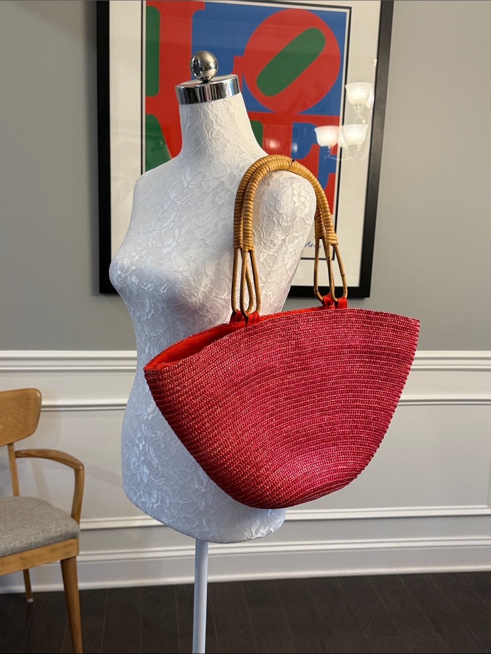 Vintage High Almondo Originals Straw/Raffia Tote Bag with Real Bamboo Handles